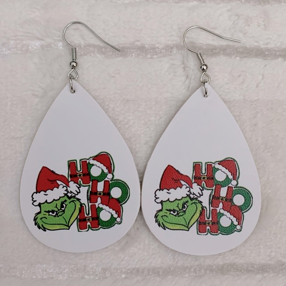 Christmas Grinch Ho Ho Ho White Earrings 2 1/2" - Picture 1 of 3
